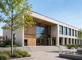 Modernes Gemeindehaus mit Vorplatz und Eingangsbereich